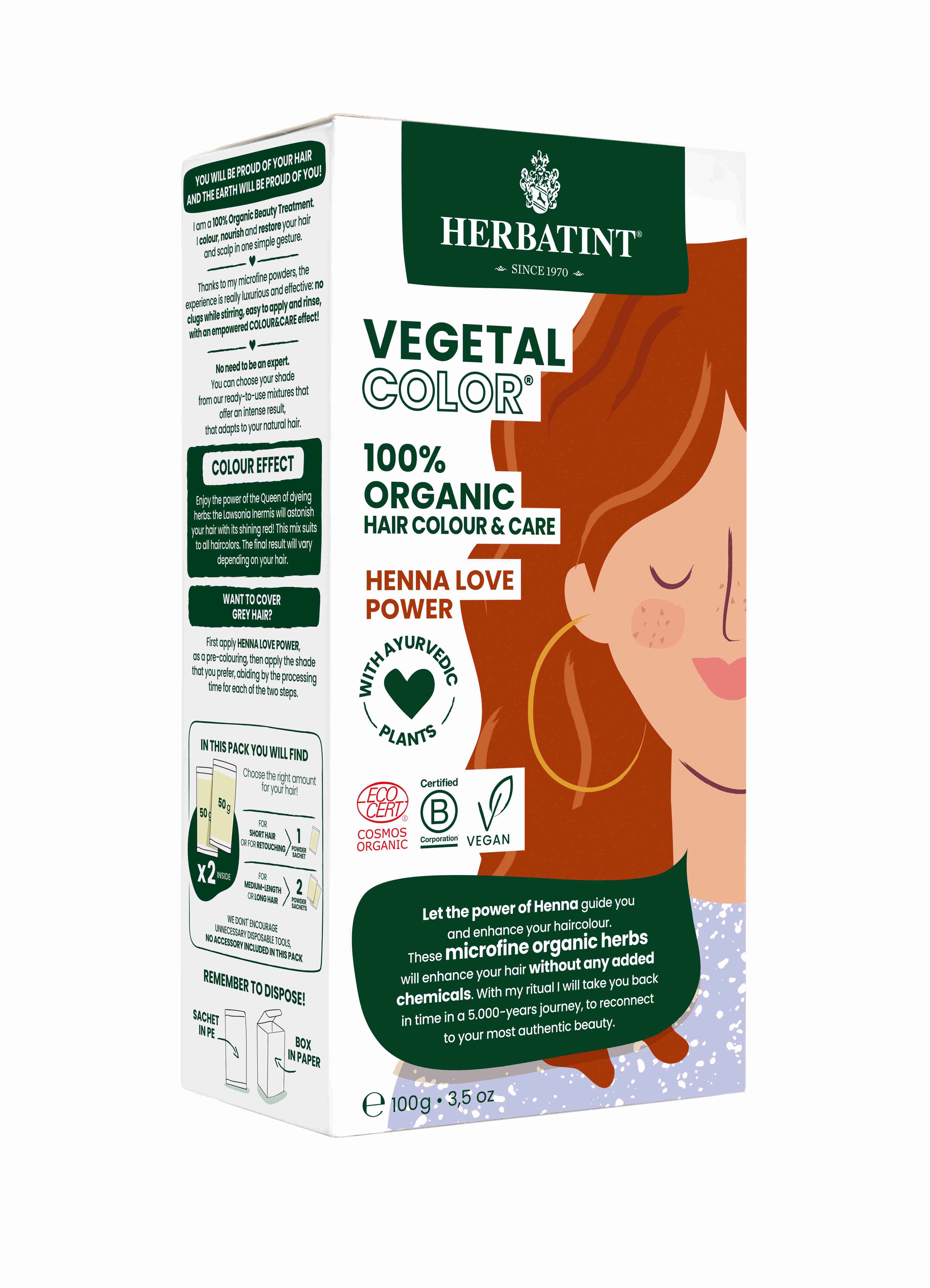 HERBATINT Vegetal 100% BIO rostlinná barva na vlasy 100 g Barva: HENNA LOVE POWER – henna