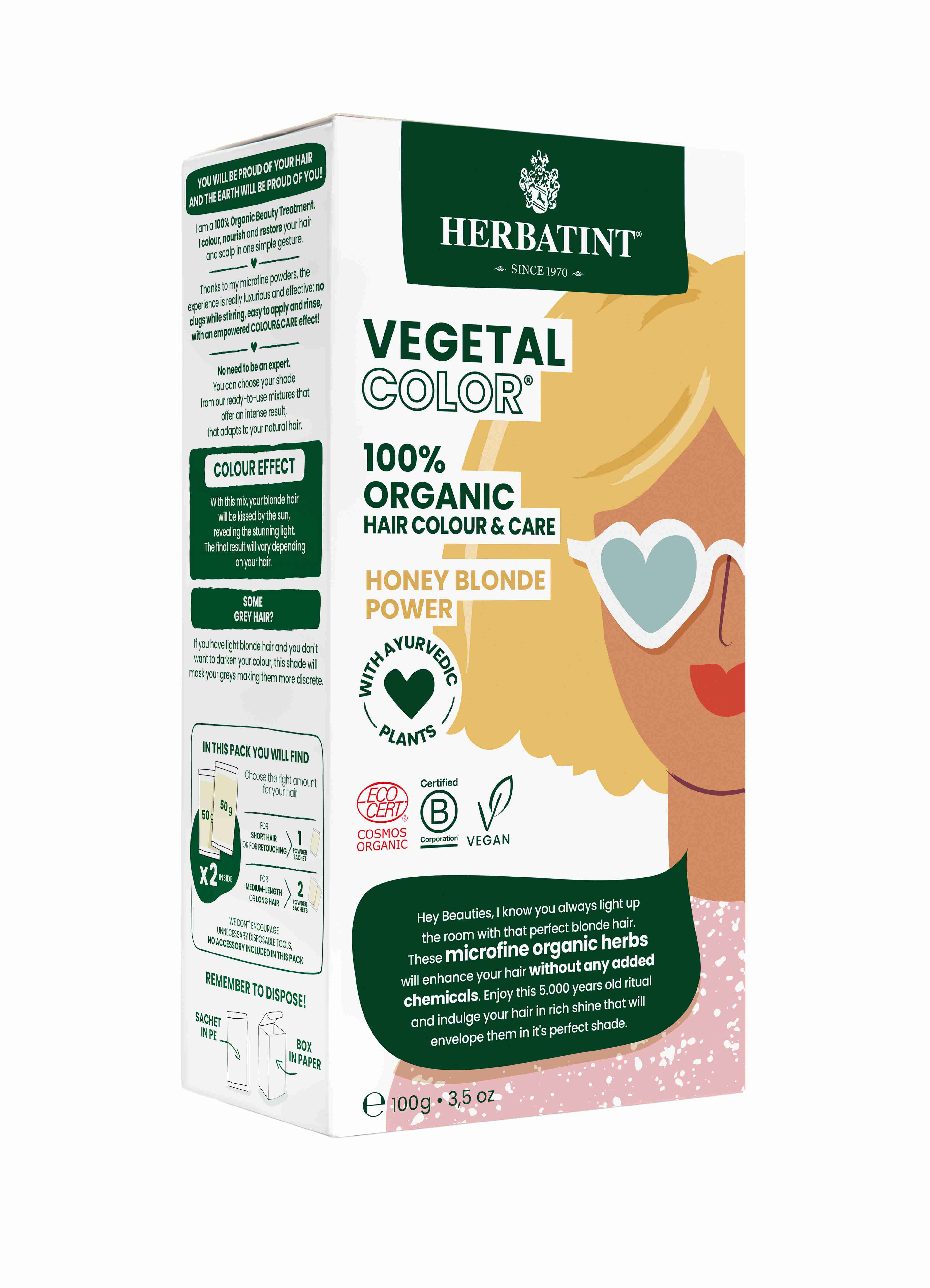 HERBATINT Vegetal 100% BIO rostlinná barva na vlasy 100 g Barva: HONEY BLOND POWER – medová blond