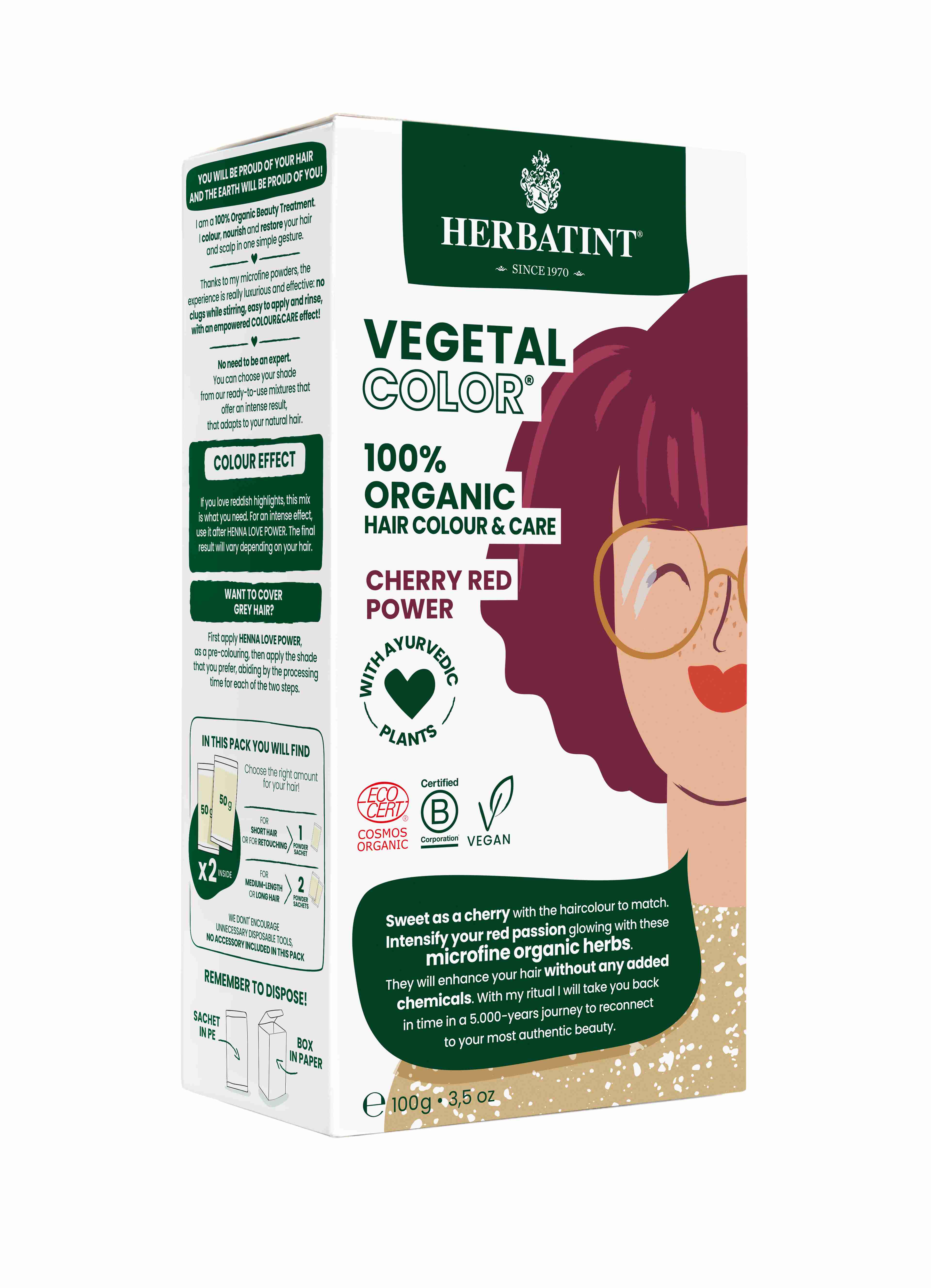 HERBATINT Vegetal 100% BIO rostlinná barva na vlasy 100 g Barva: CHERRY RED POWER – červená třešeň