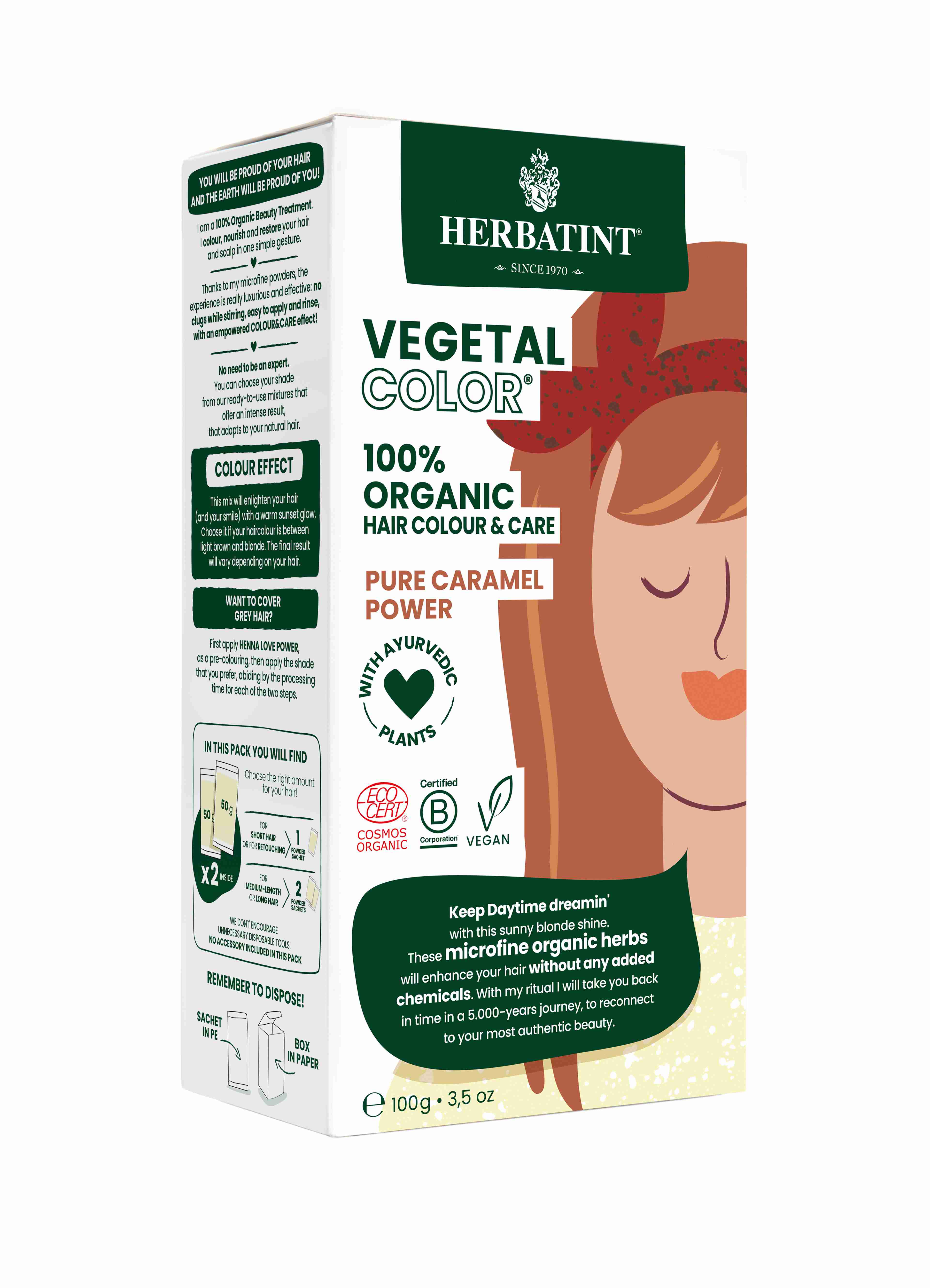HERBATINT Vegetal 100% BIO rostlinná barva na vlasy 100 g Barva: PURE CARAMEL POWER – karamel