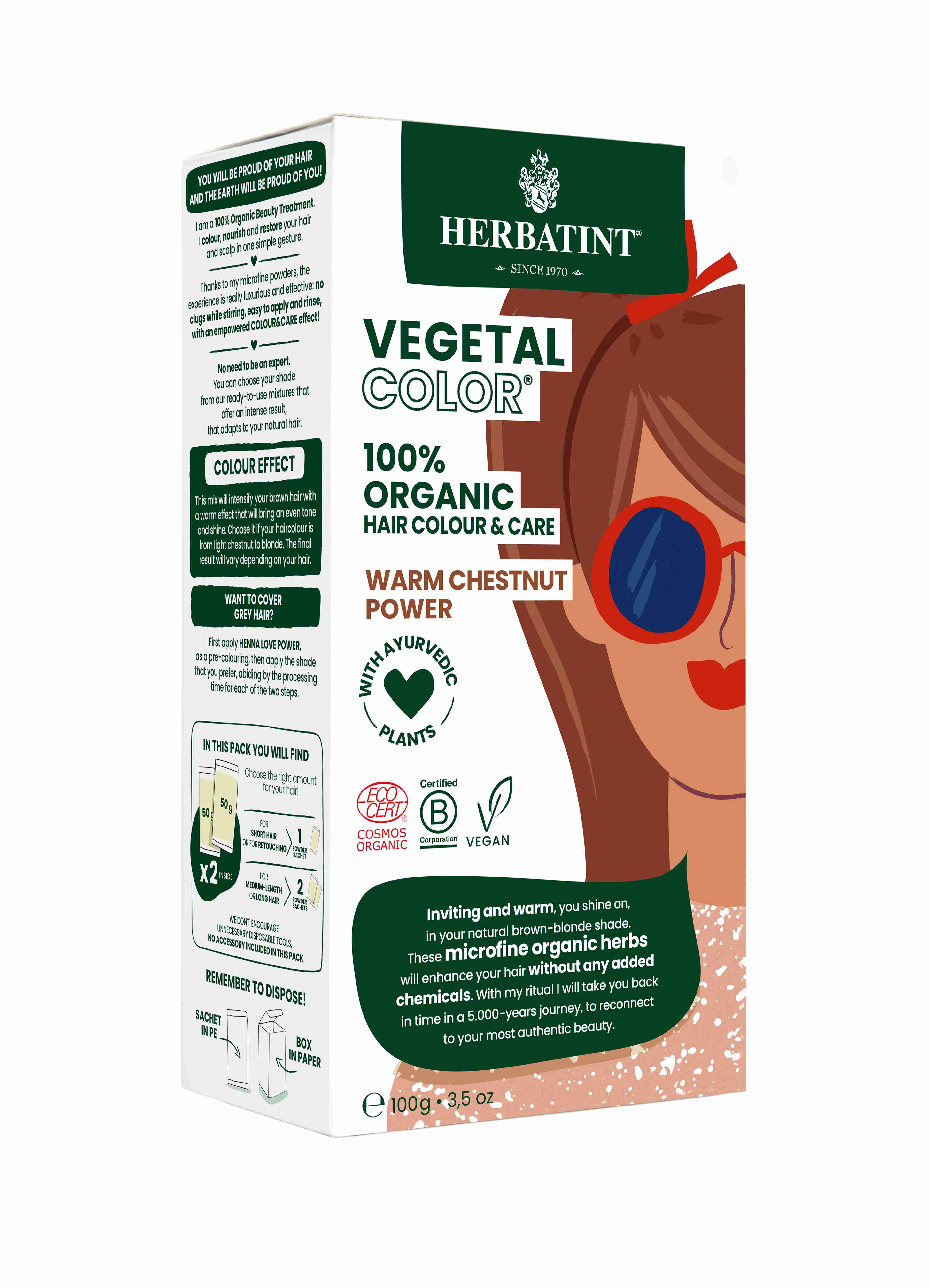 HERBATINT Vegetal 100% BIO rostlinná barva na vlasy 100 g Barva: WARM CHESTNUT POWER – světlý kaštan