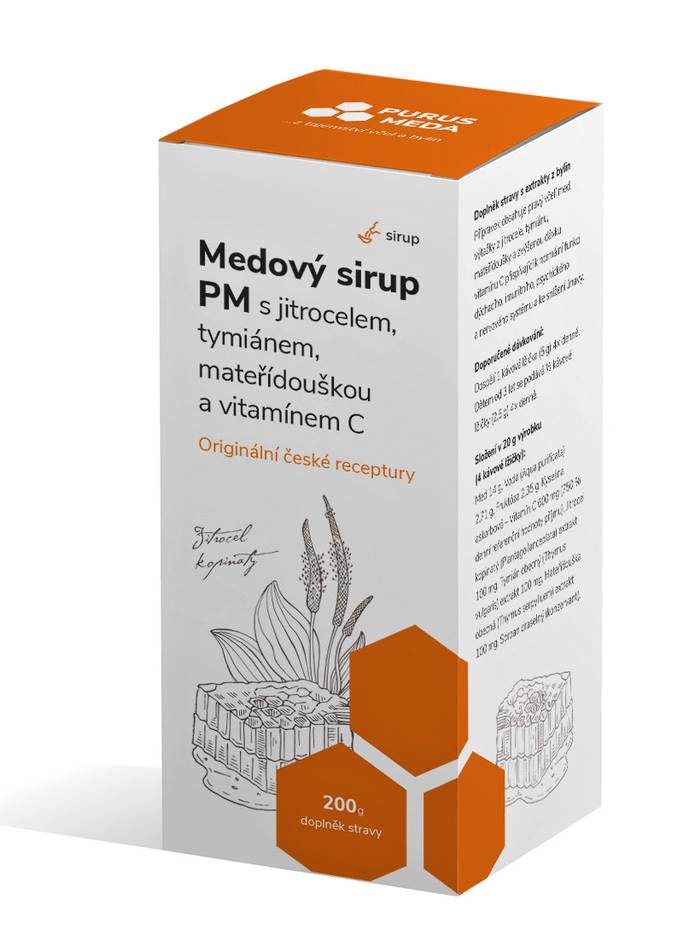 Purus Meda PM Medový sirup s jitrocelem, tymiánem, mateřídouškou a vitamínem C 200 g