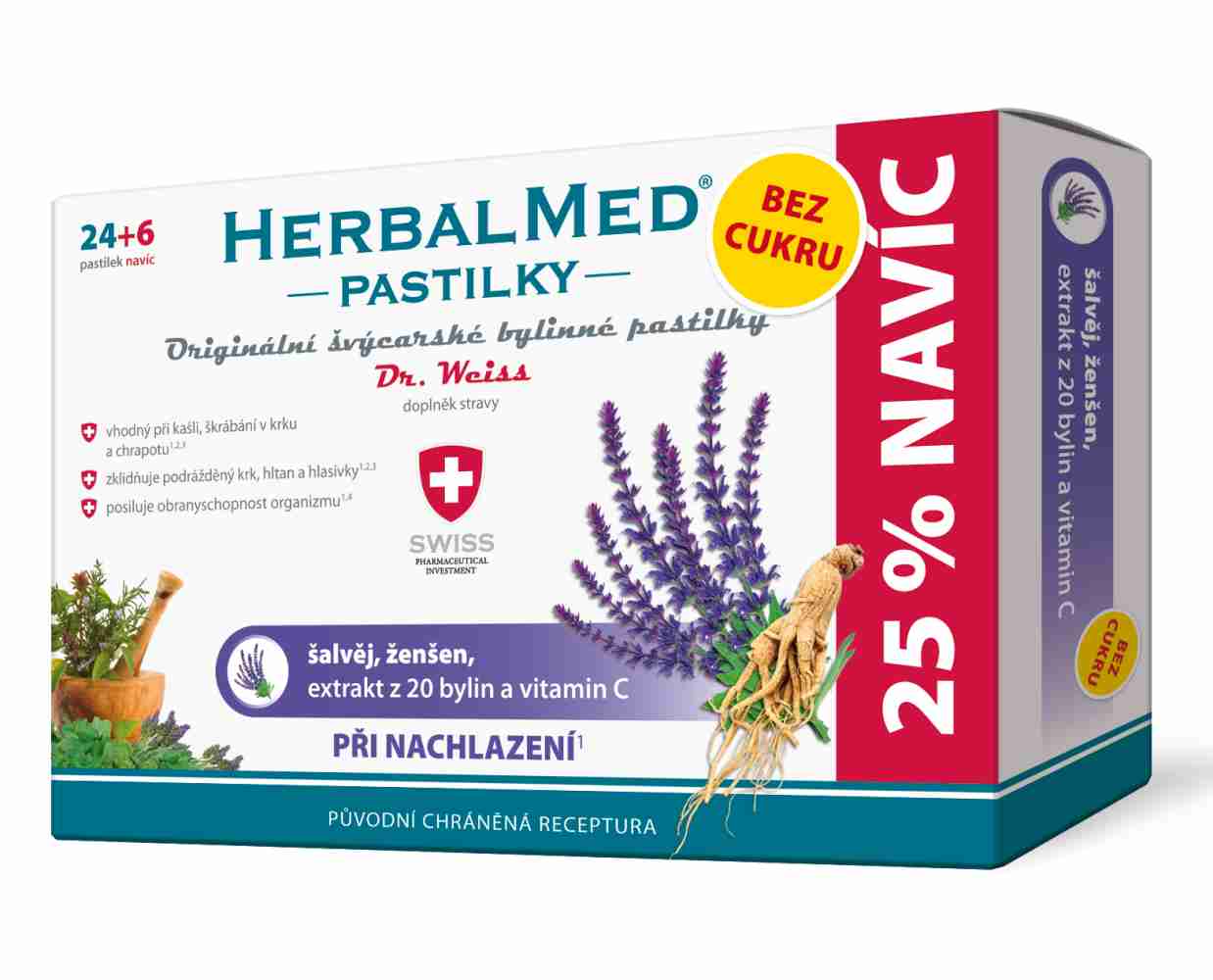 Simply You HerbalMed pastilky Dr. Weiss při nachlazení bez cukru 24 pastilek + 6 pastilek