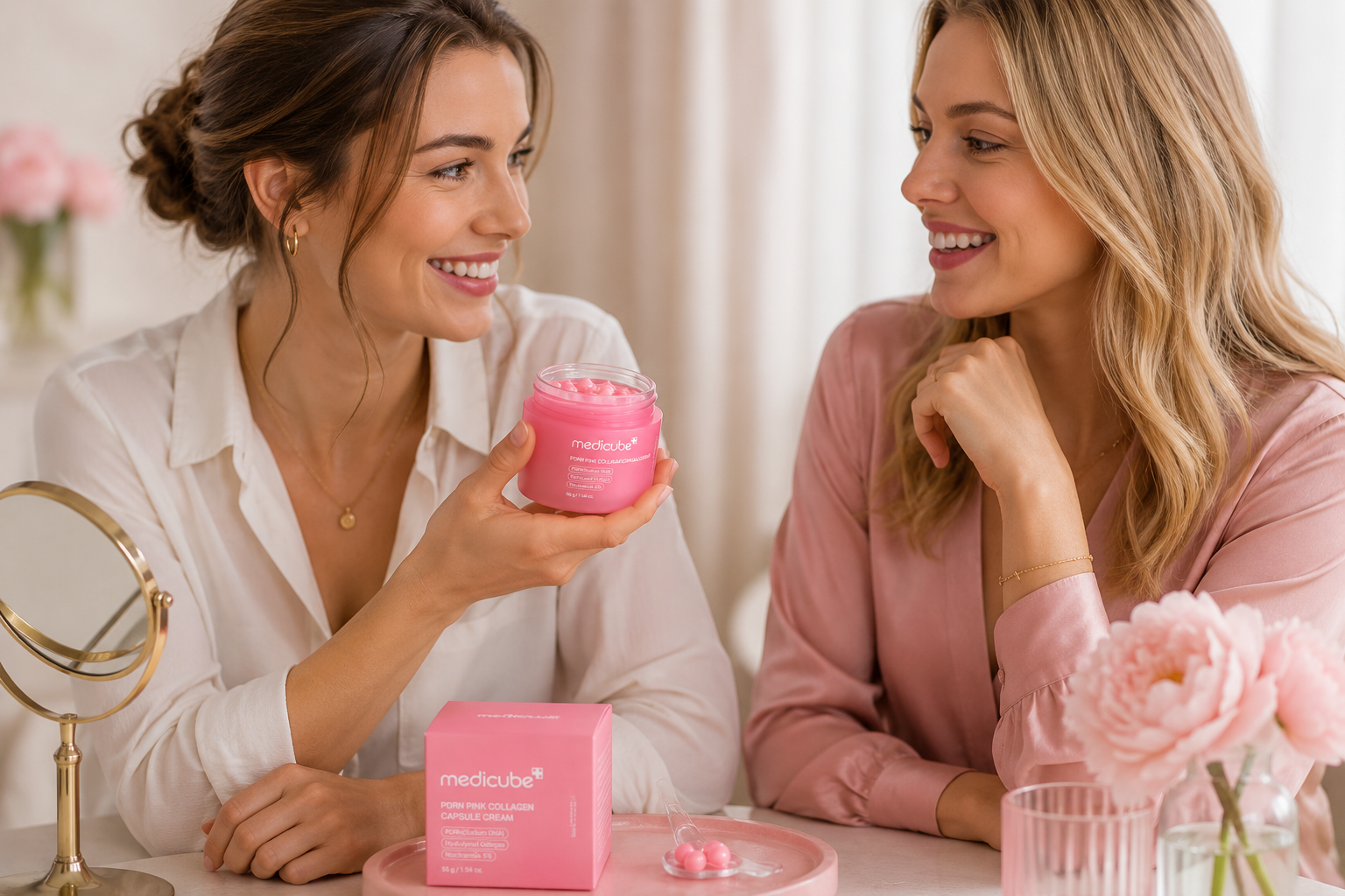 Dve ženy sa rozprávajú o kréme Medicube PDRN Pink Collagen Capsule Cream