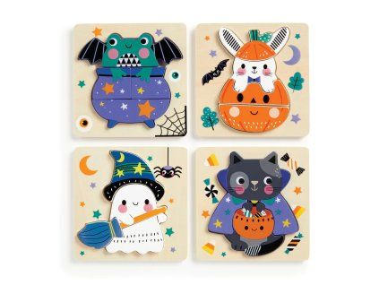 Drevené puzzle sada 4 puzzle Halloween