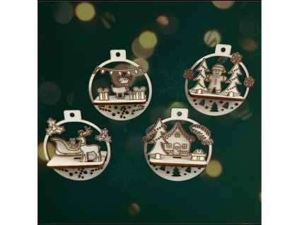 Set drevených 3D vianočných ozdôb – guľové motívy