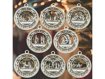 Biblické vianočné ozdoby – Sada 8 drevených dekorácií