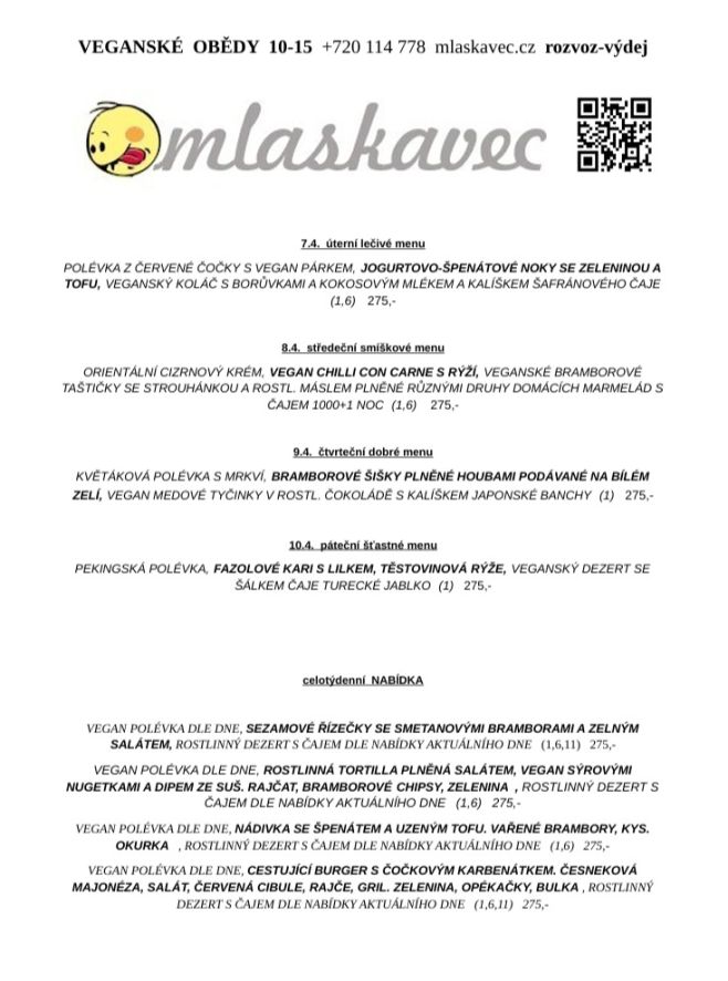 Mlaskavý výživný týden 7.-10.4. 2026 rozvoz nebo výdej mlaskavec.cz +720 114 778 #mlaskavec #veganlunch #veganismo
