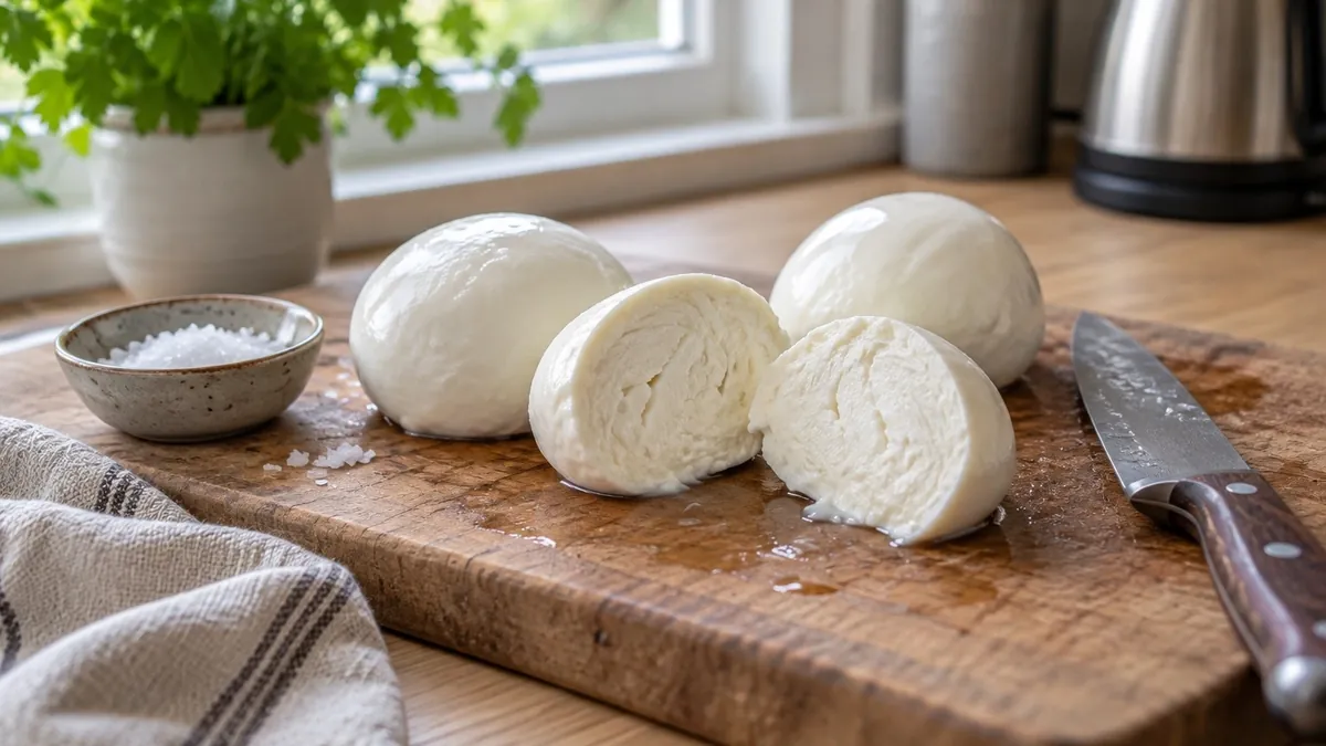 Tri guľky mozzarelly na drevenej doske pri okne, jedna rozkrojená, vedľa miska soli a nôž