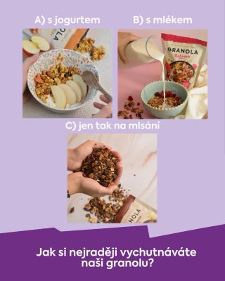 Dnes na vás máme důležitou otázku! 🤔 Jak si nejraději vychutnáváte naši granolu? Dejte nám vědět do komentářů ⬇️💜