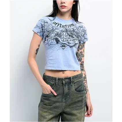 Affliction Superstition Blue Wash Crop T Shirt 405344 front US