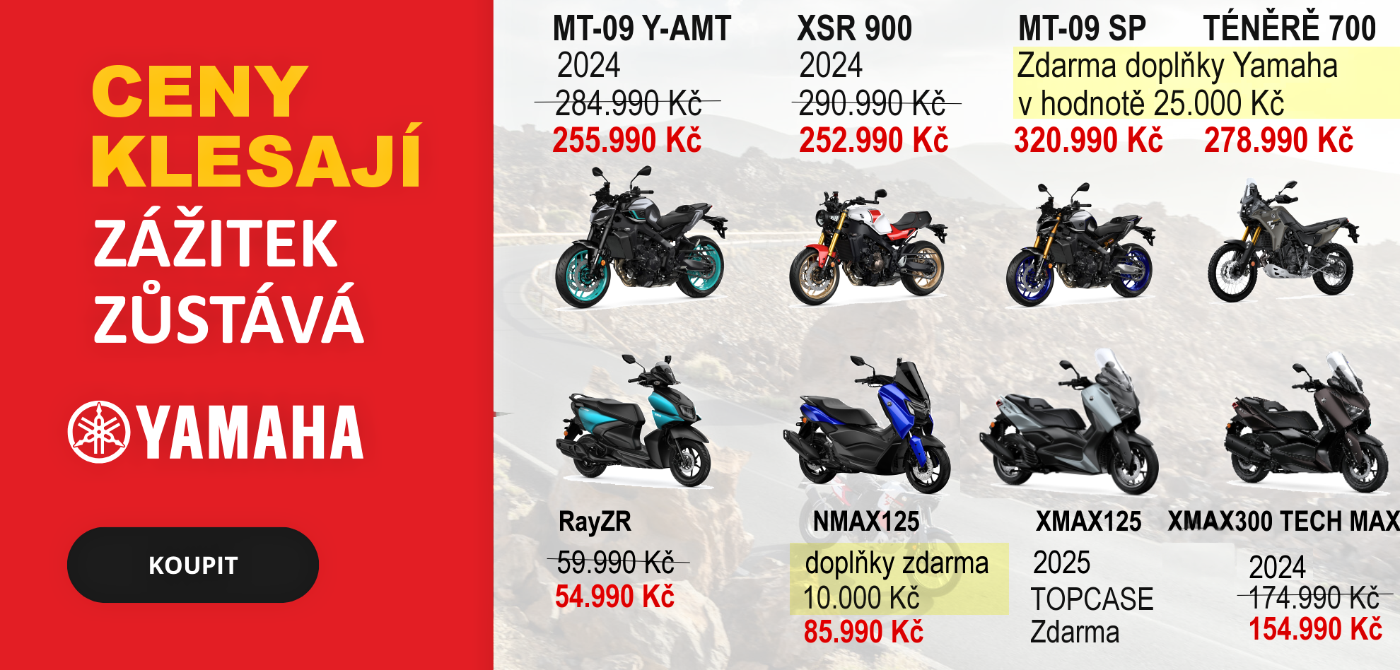 Výprodej motocyklů Yamaha se slevami až desítky tisíc. Výhodné ceny na modely Ténéré, MT a XSR. Nakupte kvalitní motorky za nejlepší cenu.