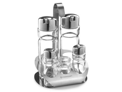 5dílná sada koření FORGAST slánka, menážka, sůl a pepř, olej, Maggi, ocet, párátka mmilenium