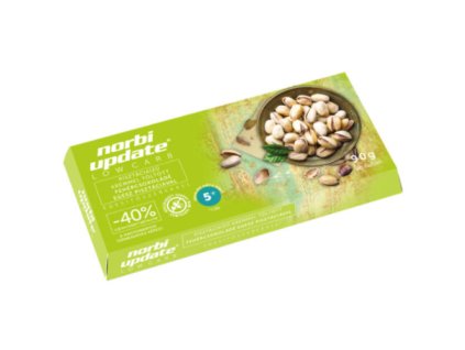 LOW CARB BÍLÁ ČOKOLÁDA Norbi Update PLNĚNÁ PISTACIOVÝM KRÉMEM S KOUSKY PISTACIÍ 90g
