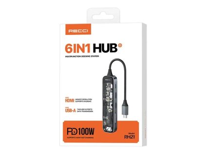 Recci RH21 USB-C hub - 6v1 (USB, HDMI, čtečky karet) Šedá