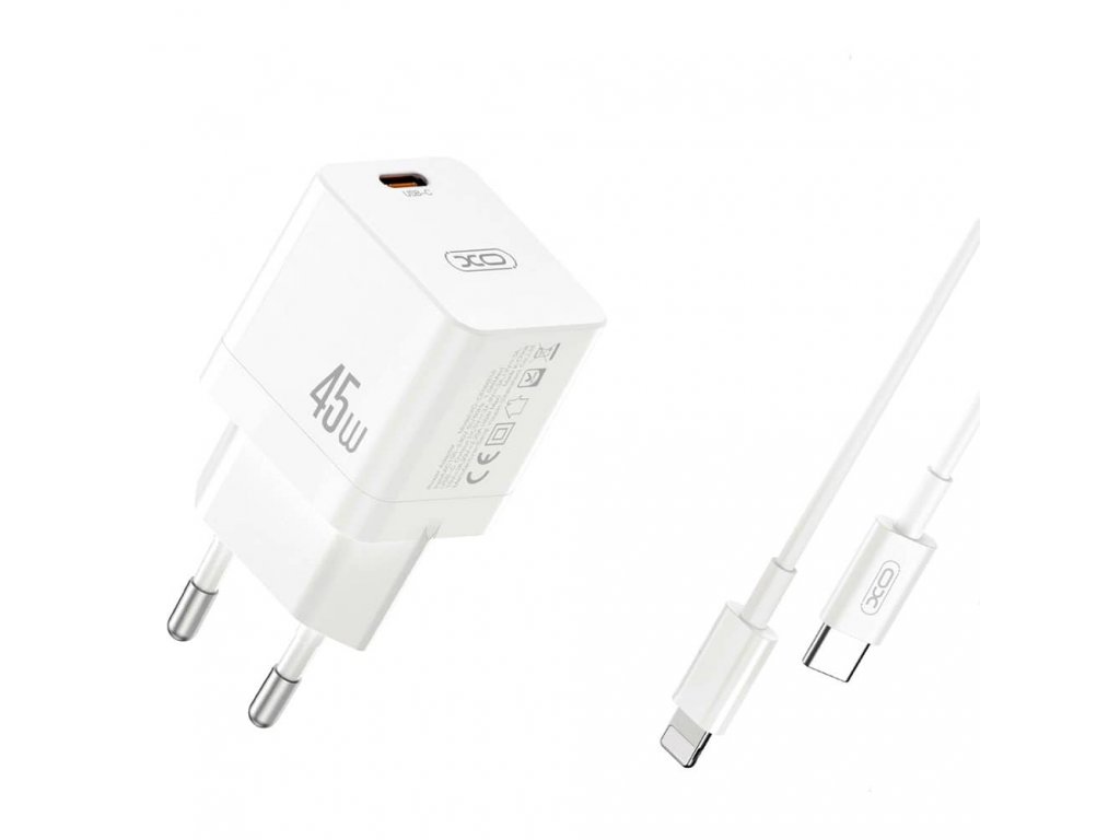 XO Síťový adaptér CE09 PD 45W USB-C bílý + kabel USB-C/Lightning 1m