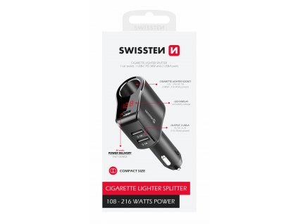 SWISSTEN Autoadaptér s výstupem 1x CL, 1x USB-C PD a 2x USB-A 108W - 216W