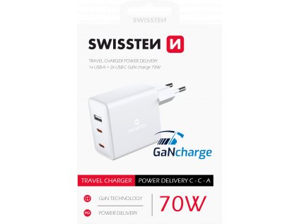 SWISSTEN Síťový adaptér GaN Power Delivery 70W 2x USB-C + 1x USB-A bílý