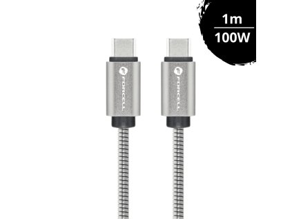 Forcell Ocelový nabíjecí kabel 100W USB-C/USB-C PD+QC 4.0 1m stříbrný (C239)