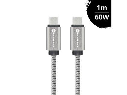 Forcell Ocelový nabíjecí kabel 60W USB-C/USB-C PD+QC 4.0 1m stříbrný (C237)