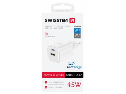 SWISSTEN Síťový adaptér GaN 1x USB-C 45W PD + 1x USB-A 18W QC bílý