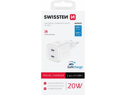 SWISSTEN Síťový adaptér GaN 2x USB-C 20W Power Delivery bílý