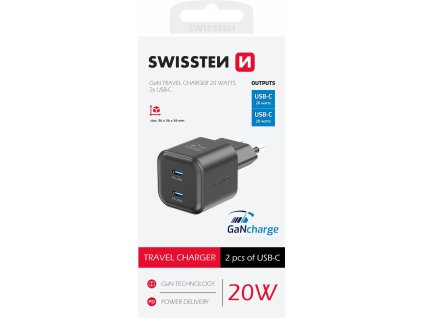 SWISSTEN Síťový adaptér GaN 2x USB-C 20W Power Delivery černý