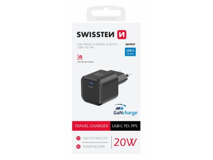 SWISSTEN Síťový adaptér GaN 1x USB-C 20W Power Delivery černý