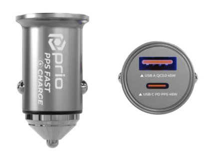 Prio napájecí adaptér do auta 45W PD USB-C + QC 3.0 USB-A (Stříbrná)
