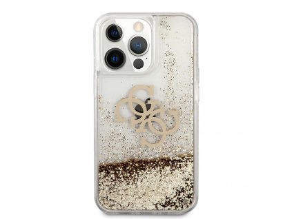 GUHCP13XLG4GGO Guess TPU Big 4G Liquid Glitter Gold Zadní Kryt pro iPhone 13 Pro Max Transparentní