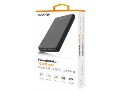 Powerbanka ALIGATOR PB1000, 10 000mAh 3v1, micro/iPh/USB-C, černá