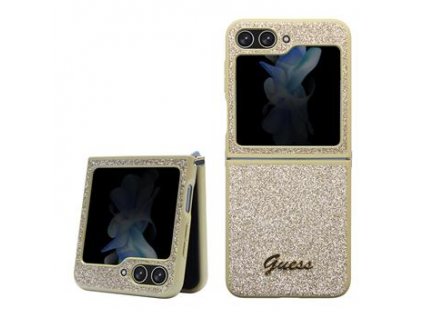 Guess PC/TPU Glitter Flakes Metal Logo Zadní Kryt pro Samsung Galaxy Z Flip 5 Gold