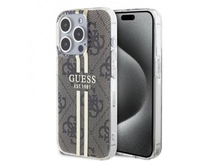 Guess IML 4G Gold Stripe Zadní Kryt pro iPhone 15 Pro Max Brown