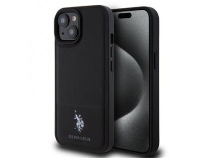 U.S. Polo PU Leather Mesh Pattern Double Horse Zadní Kryt pro iPhone 15 Black