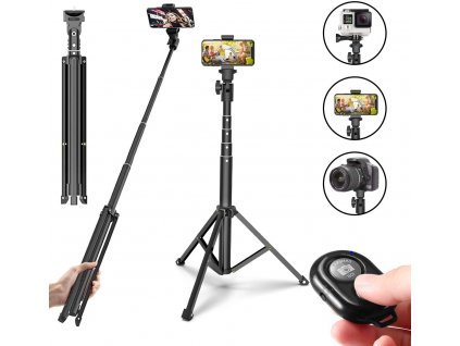 Cestovní stativ na kameru i mobil se selfie tyčí, ovladačem a držákem telefonu 3