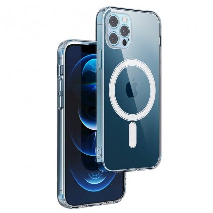 Elegantní průhledný silikonový obal MagSafe pro iPhone SE 2020 až 2022 s bílým magnetickým kroužkem uprostřed krytu. Příjemný na dotek. Okraje kolem kamery jsou vyvýšeny.