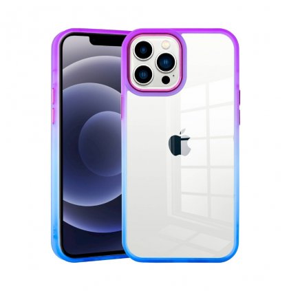 Kryt pro iPhone 12 Noreen. Okraje obalu jsou ze dvou barev, fialové a modré. Zadní strana je plně průhledná. Okraje kolem kamery a tlačítka jsou v lesklé kovové fialové barvě. Pouzdro je vyrobeno z tvrdšího silikonu a PVC.