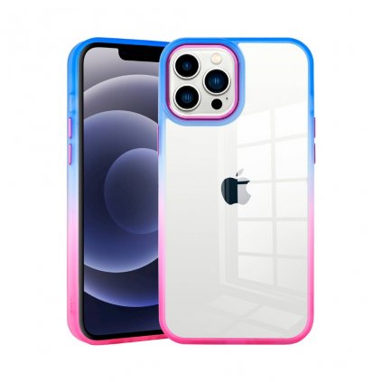 Kryt pro iPhone 13 Noreen. Okraje obalu jsou ze dvou barev, modré a růžové. Zadní strana je plně průhledná. Okraje kolem kamery a tlačítka jsou v lesklé kovové fialové barvě. Pouzdro je vyrobeno z tvrdšího silikonu a PVC.