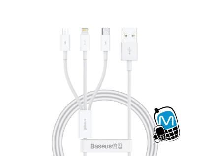 Kábel 3v1 USB-A - USB-C/microUSB/Lightning 3.5A 0,5 m, biely