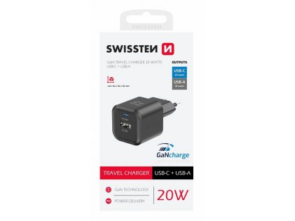 SWISSTEN TRAVEL CHARGER GaN 1x USB-C 20W PD + 1x USB-A 18W QC BLACK