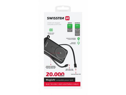 SWISSTEN POWER BANK 20000 mAh 20W (MagSafe compatible) WITH BUILT-IN CABLES USB-C AND LIGHTNING