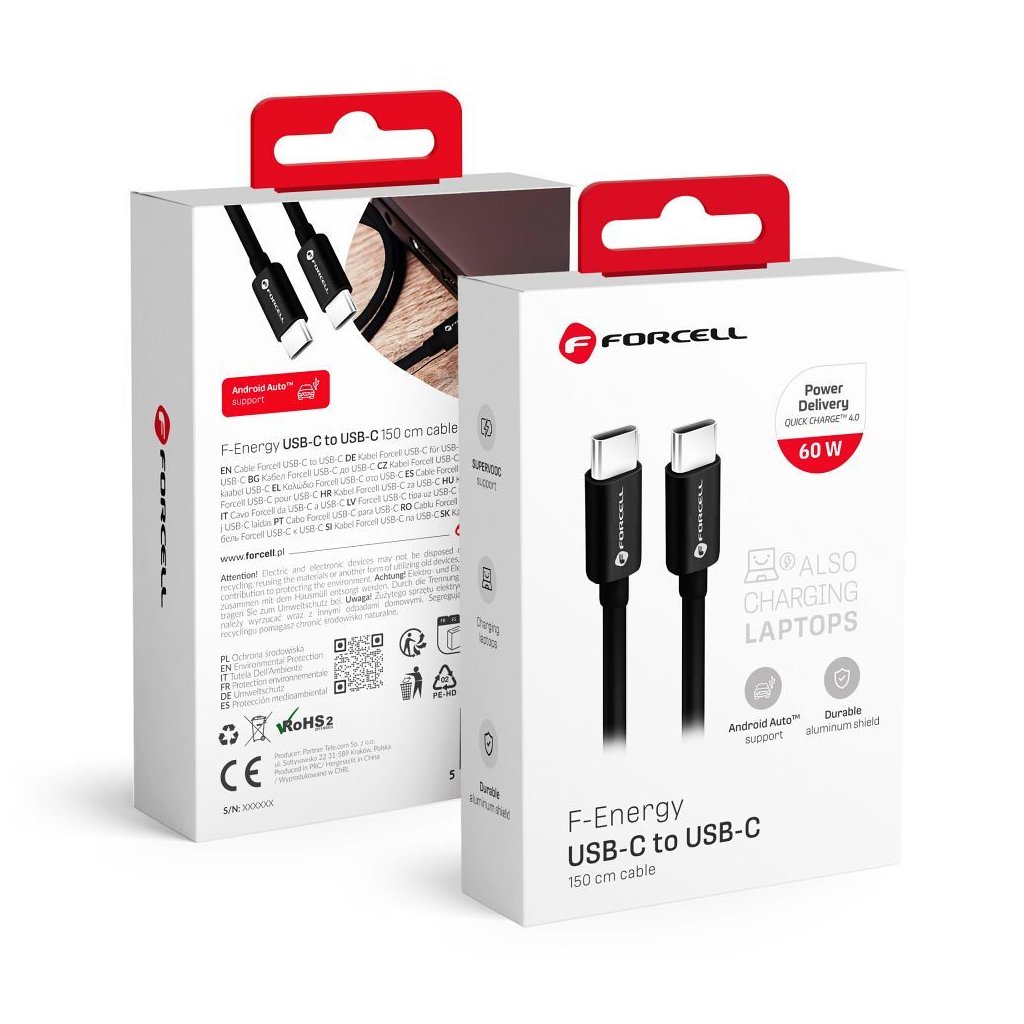 FORCELL F-ENERGY C338 kabel Type C na Type C PD QC4.0 3A 60W 1,5 m černý