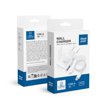Cestovní Nabíječka Blue Star do sítě s odnímatelným USB->Lightning kabelem pro iPhone 5/6/7/8/X - bílá