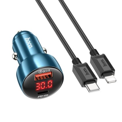 HOCO USB A + Type C nabíječka do auta s displejem + kabel Type C to Lightning PD QC3.0 3A 48W Z50 modrá