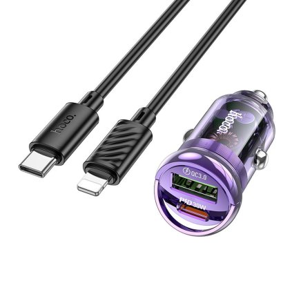 HOCO nabíječka do auta USB A + typ C + kabel Type C to Lightning PD QC3.0 3A 30W Z53A fialová