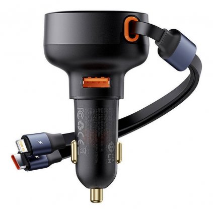 BASEUS USB A nabíječka do auta + zatahovací kabel 2 v 1 Typ C / Lightning PD3.0 QC4.0 3A 60W CCTXP-UCL černá
