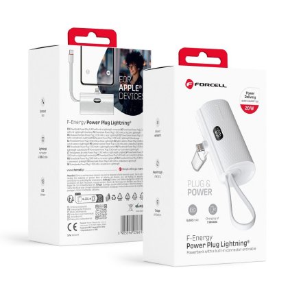 FORCELL Powerbank F-Energy Power Plug F5K3 5 000mAh s vestavěným konektorem do Lightning 8-PIN PD 20W bílá