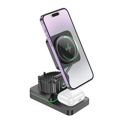 HOCO indukční nabíječka 3 v 1 kompatibilní s MagSafe 15W CQ10 černá