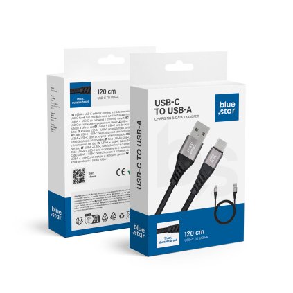 BLUE STAR opletený kabel 3A 20W USB A - Typ C PD QC4.0 TFK-DC-003 1,2 m černý