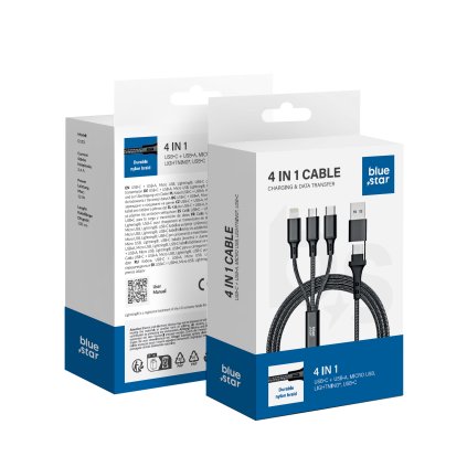 BLUE STAR kabel 4v1 Type C / USB A do Micro USB / Lightning / Type C 2.4A 12W Cafule C172 1.2 m černý